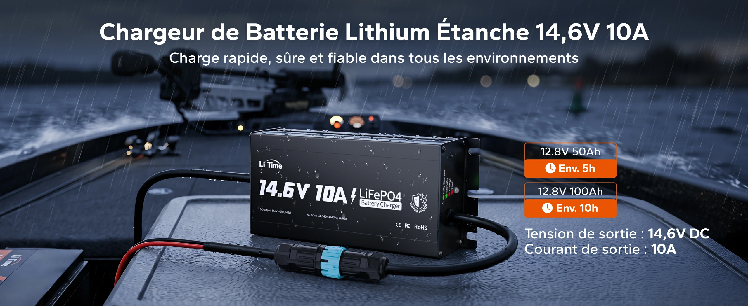 Chargeur LiTime LiFePO4 étanche IP65 14.6V 10A utilisé sur un bateau pour recharger des batteries 12.8V.