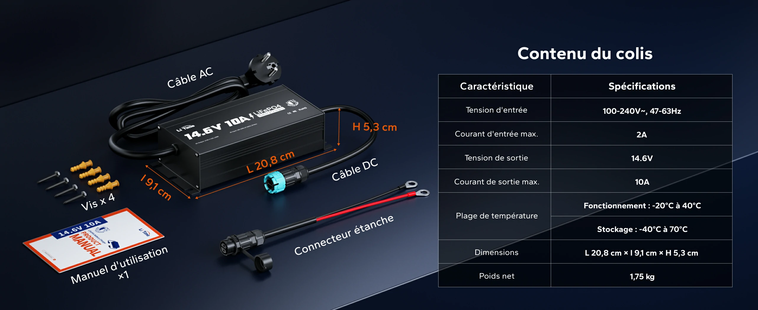 Contenu du colis et dimensions du chargeur étanche LiFePO4 12V 10A