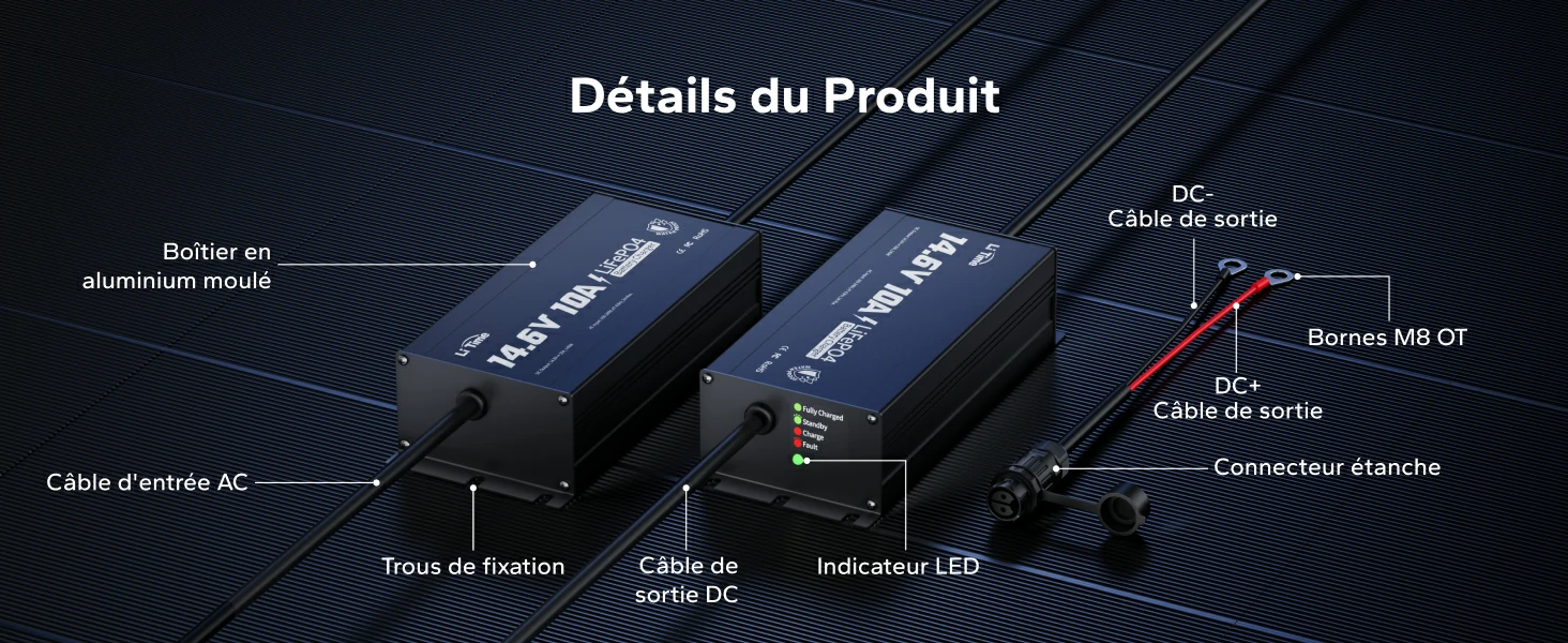 Détails du produit et composants du chargeur étanche LiFePO4 12V 10A