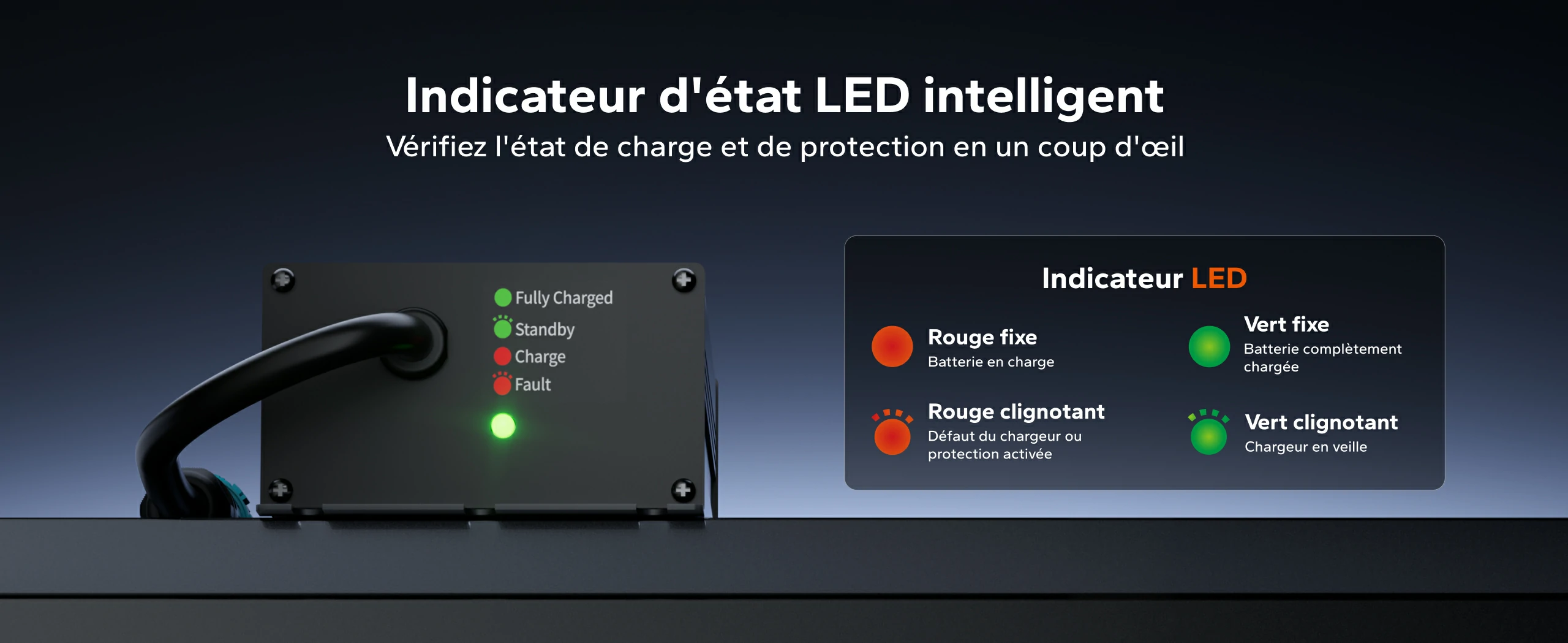 Indicateur d'état LED intelligent pour le chargeur étanche LiFePO4 12V 10A