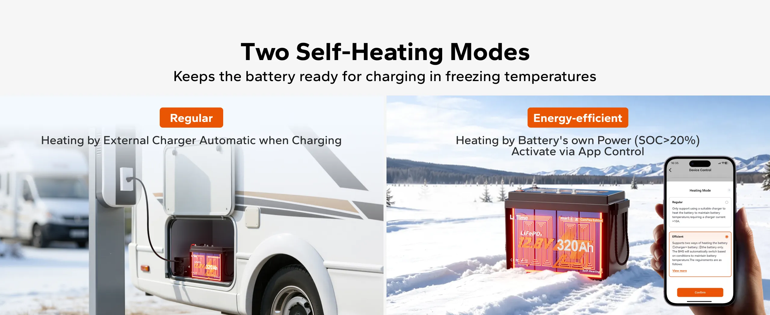 litime 320ah comflex deep cycle battery with dual-mode self-heating modes