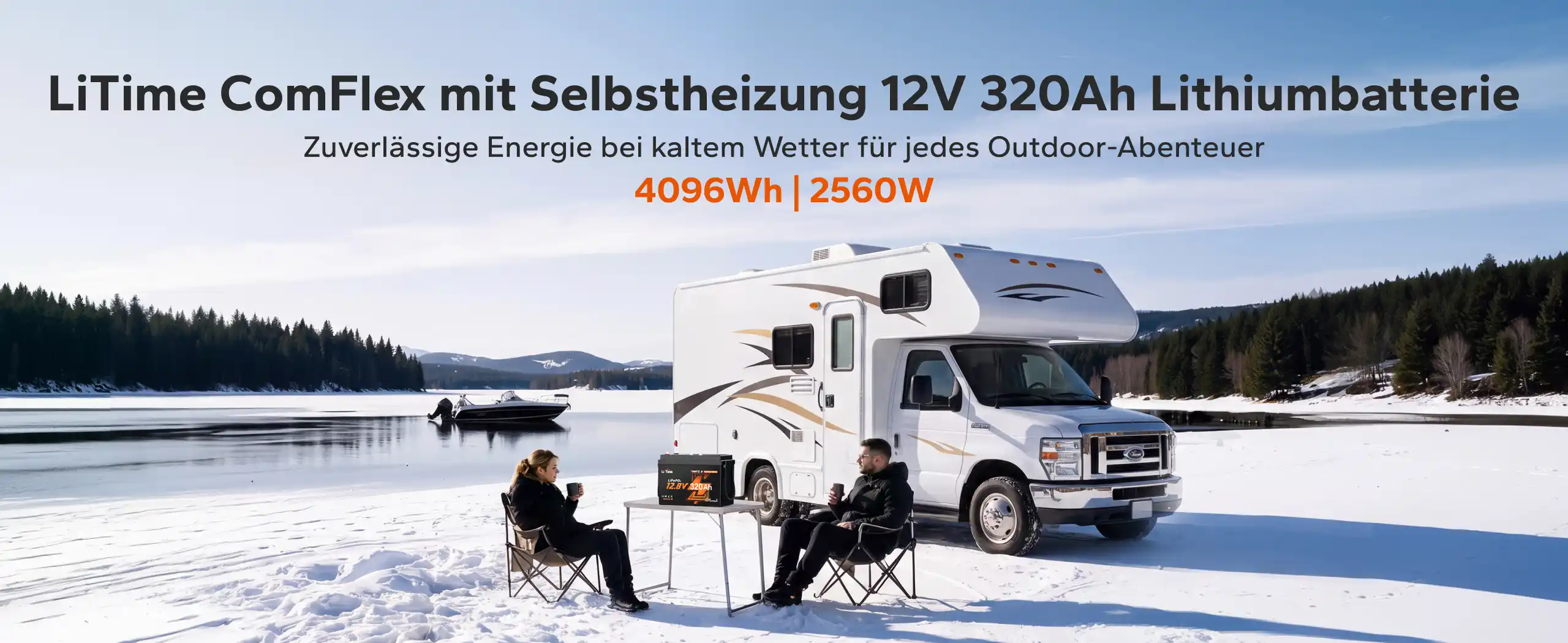 LiTime ComFlex 12V 320Ah LiFePO4-Lithiumbatterie mit Selbstheizung vor einem Wohnmobil im Winter