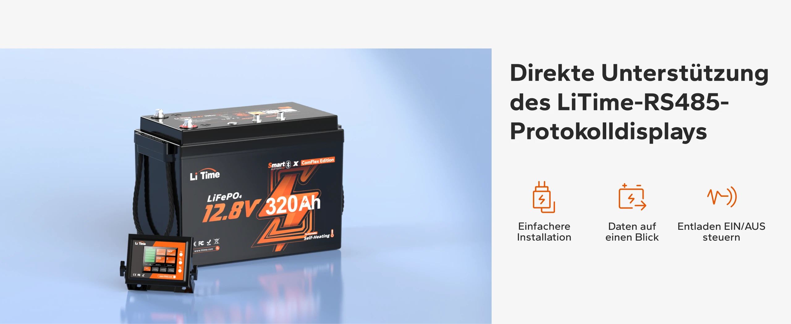 LiTime 12V 320Ah LiFePO4-Batterie mit direkter Unterstützung für ein RS485-Protokolldisplay