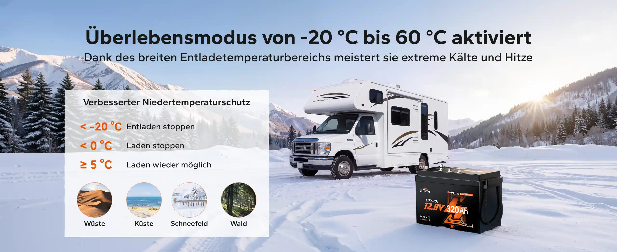 LiTime-Batterie mit aktiviertem Überlebensmodus von minus 20 bis 60 Grad Celsius