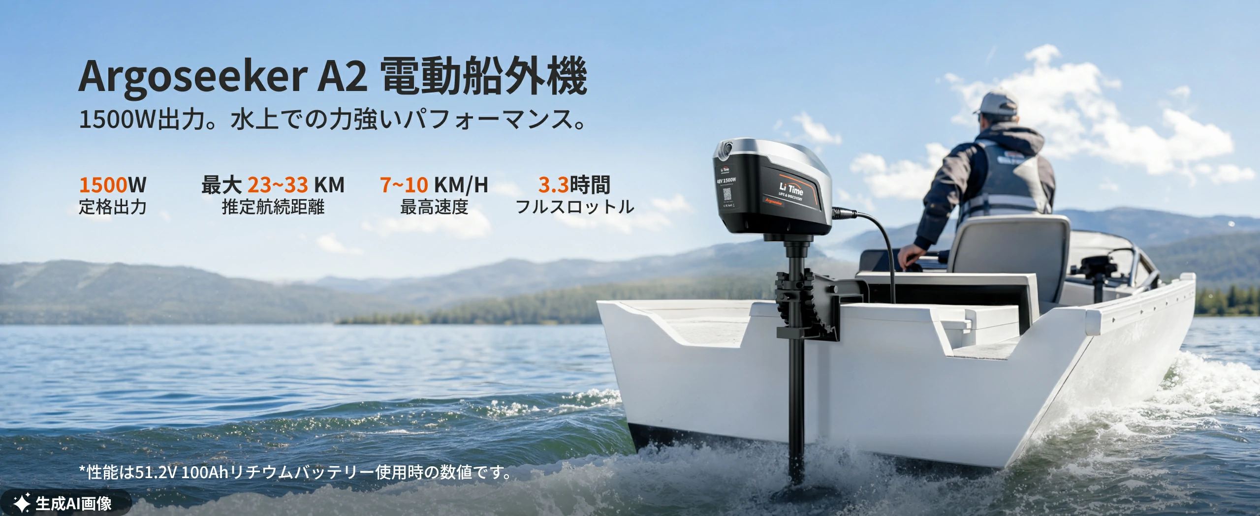 1500Wブラシレスモーターが最大約90lbsの力強い推力を発揮し、5馬力相当のパワーで安定した航行をサポート