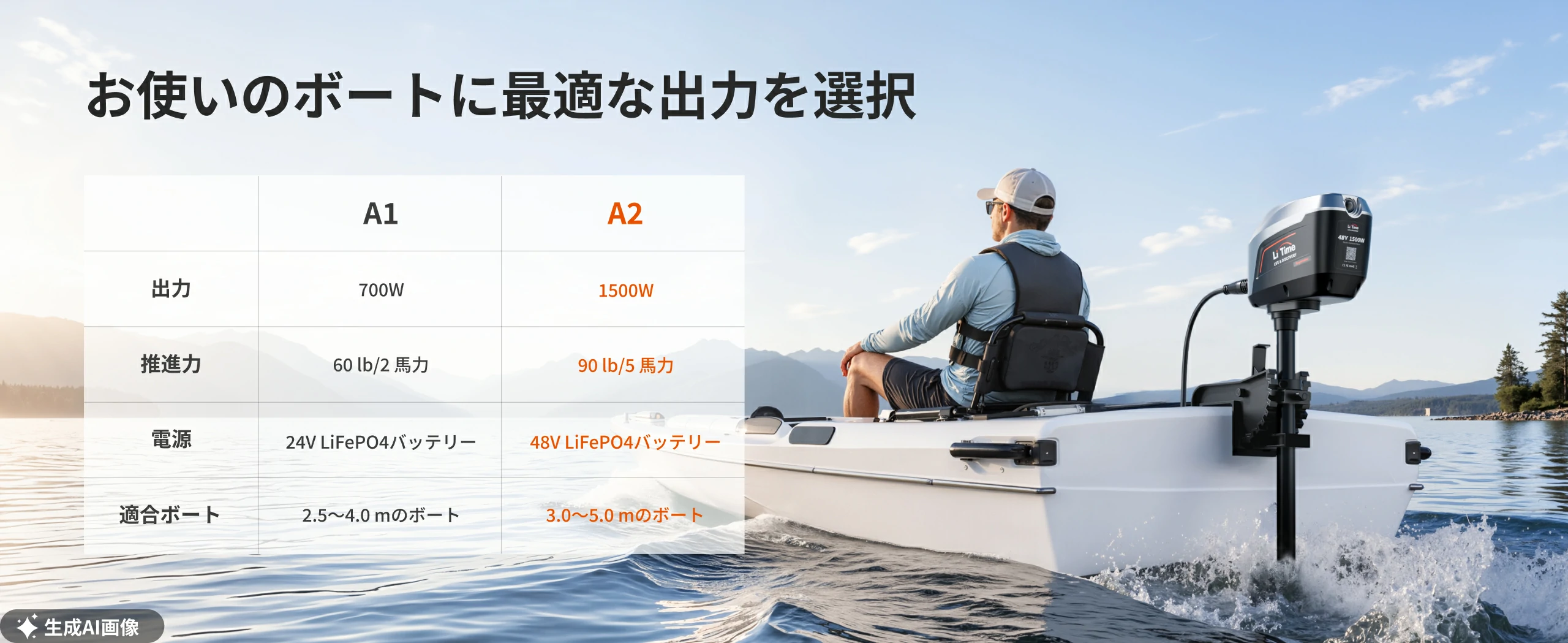 カヤック、カヌー、3m~5mクラスの小型艇には、24V・700W・最大推力60lbsのArgoseeker A1。軽量で扱いやすく、コンパクトなボートに適したモデルです。 3m~5mの小型スキッフ、インフレータブルボート、アルミフィッシングボートには、48V・1500W・最大推力90lbsのArgoseeker A2