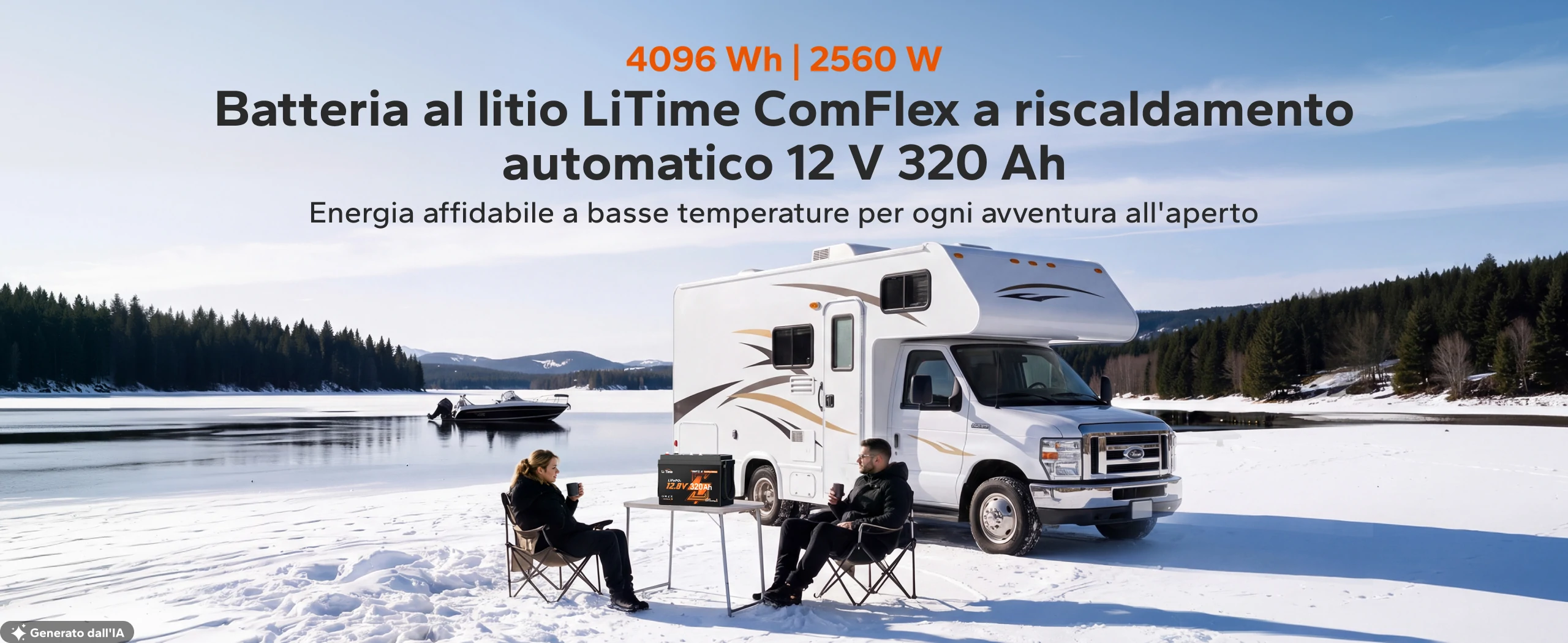 Batteria LiTime LiFePO4 12V 320Ah ComFlex con riscaldamento automatico per camper e uso off-grid.