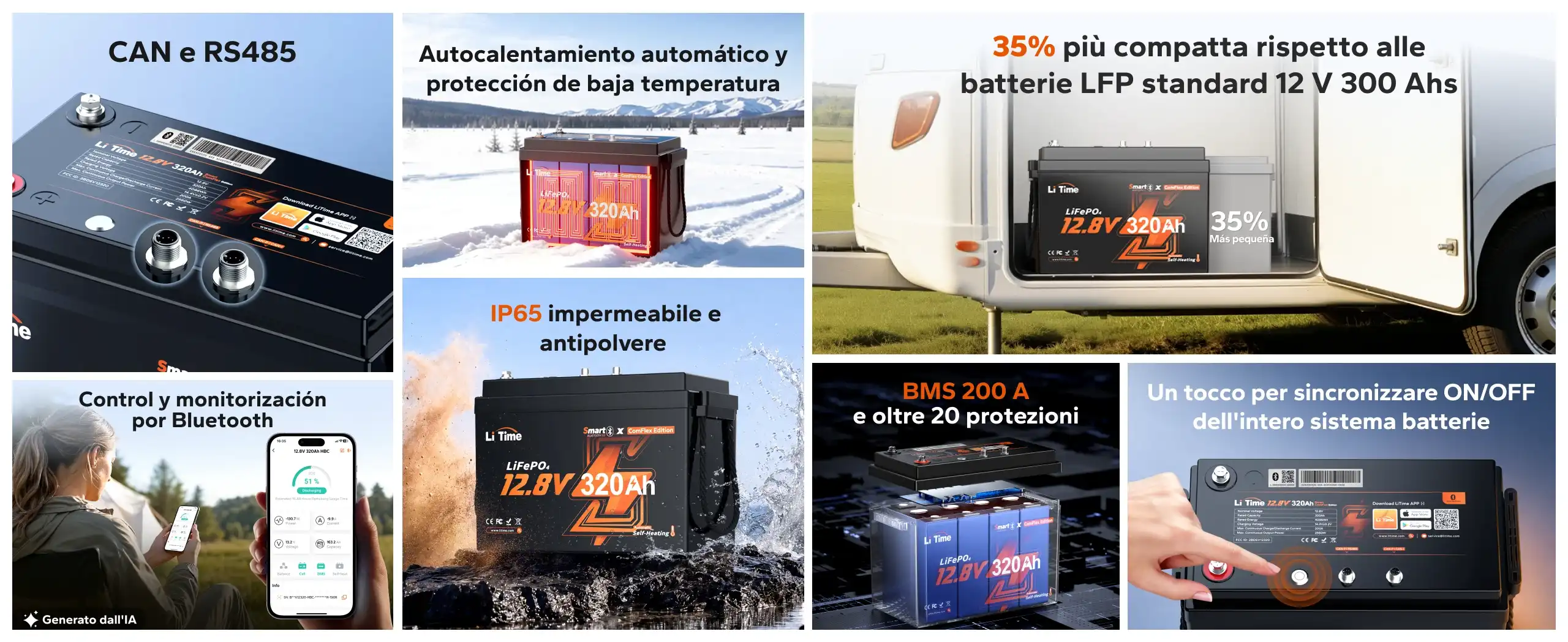 Funzioni della batteria LiTime 12V 320Ah ComFlex: CAN, RS485, Bluetooth, IP65 e riscaldamento automatico.