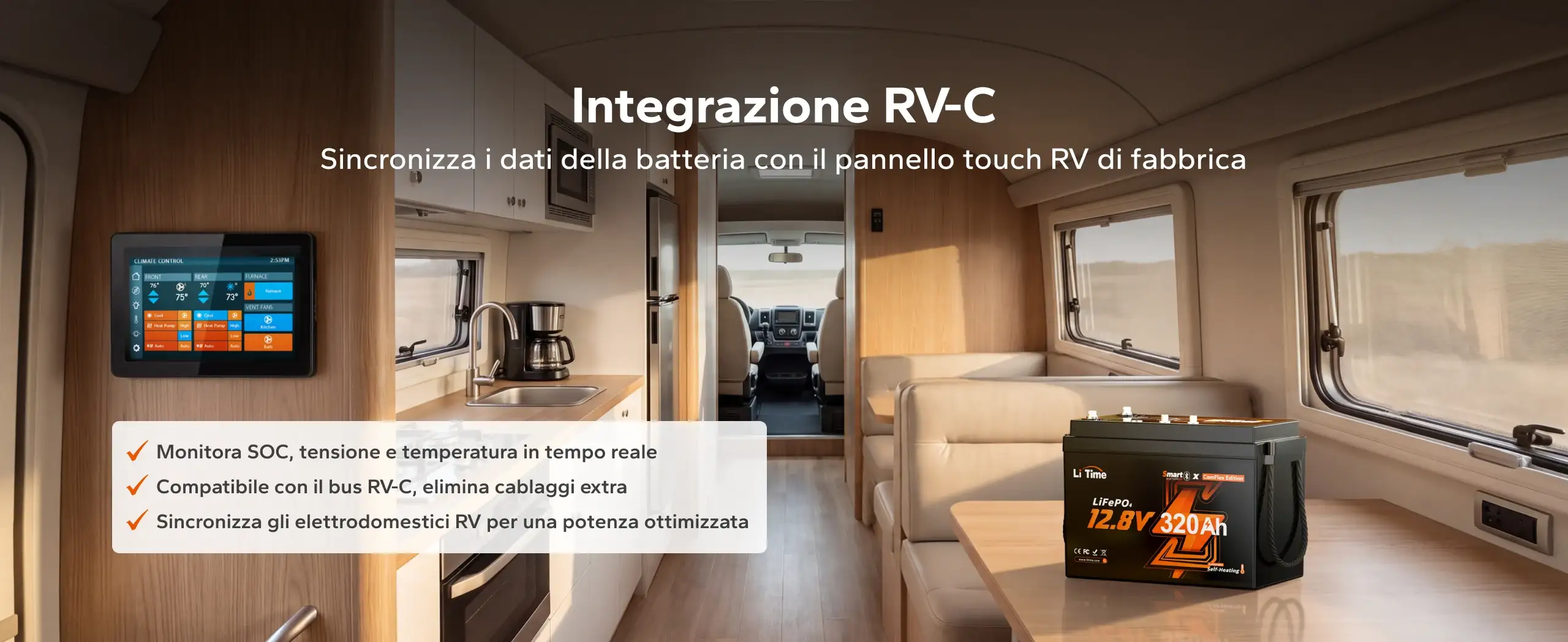 Integrazione RV-C della batteria LiTime 12V 320Ah per monitorare dati e stato energetico dal pannello del camper.
