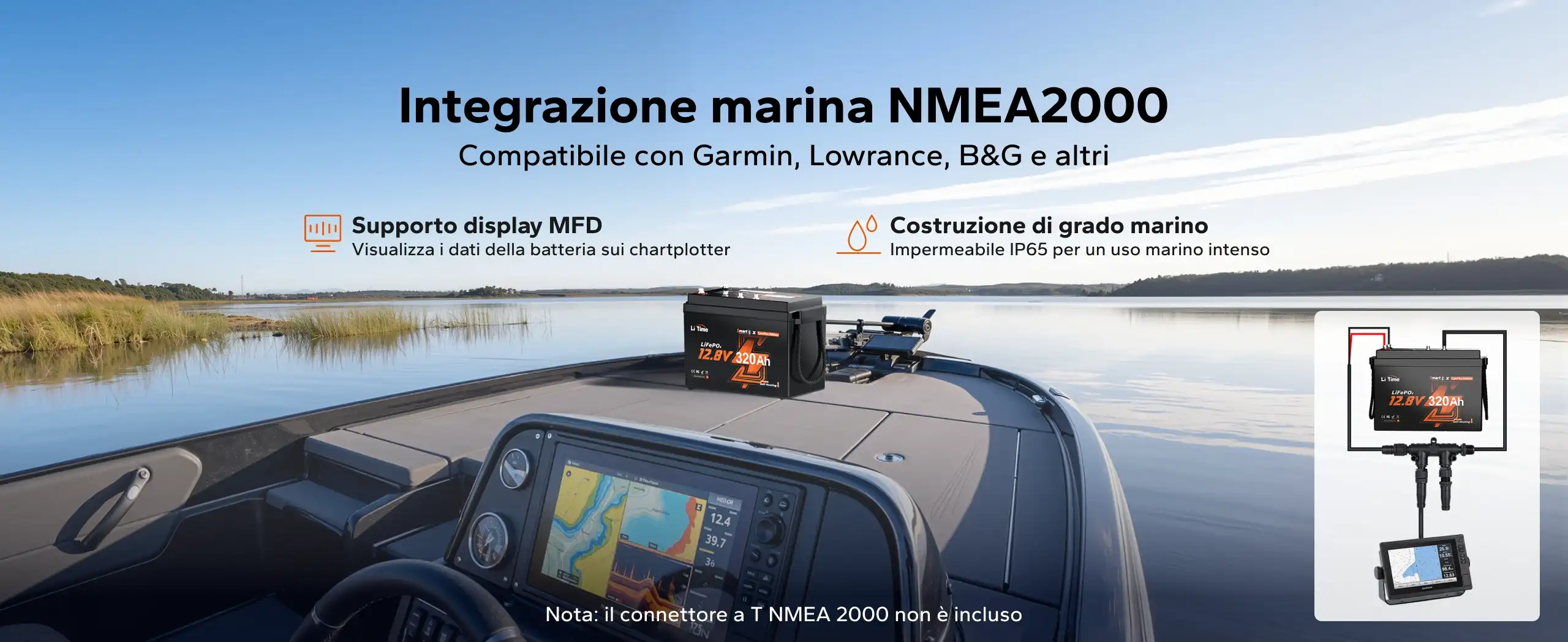 Integrazione NMEA 2000 della batteria LiTime 12V 320Ah per il monitoraggio dell’energia a bordo.