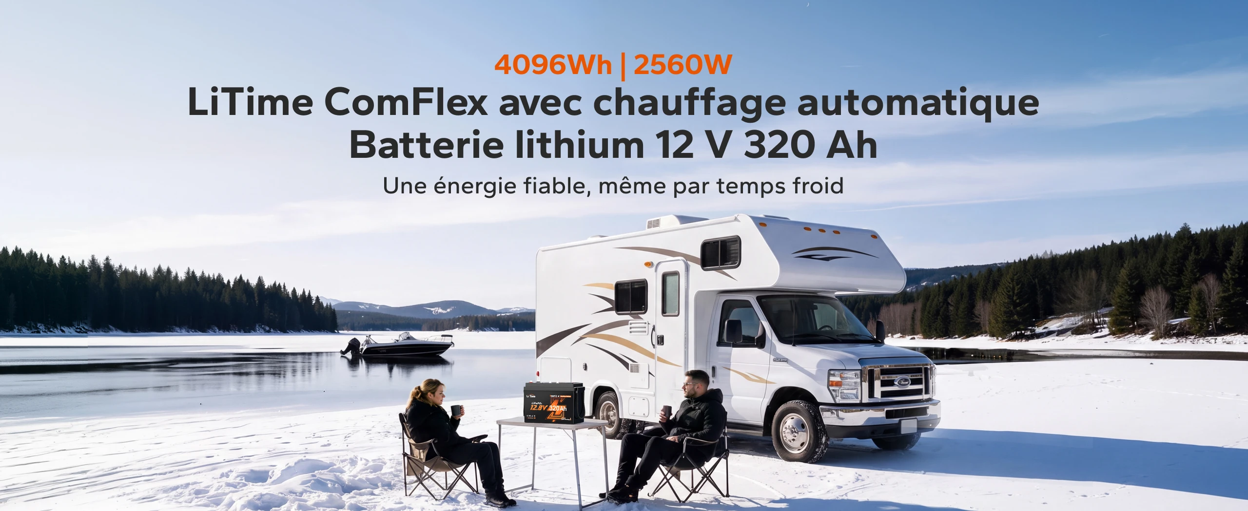 Batterie LiTime 12V 320Ah Mini ComFlex auto-chauffante pour camping-car, avec 4096 Wh d’énergie et 2560 W de puissance continue.