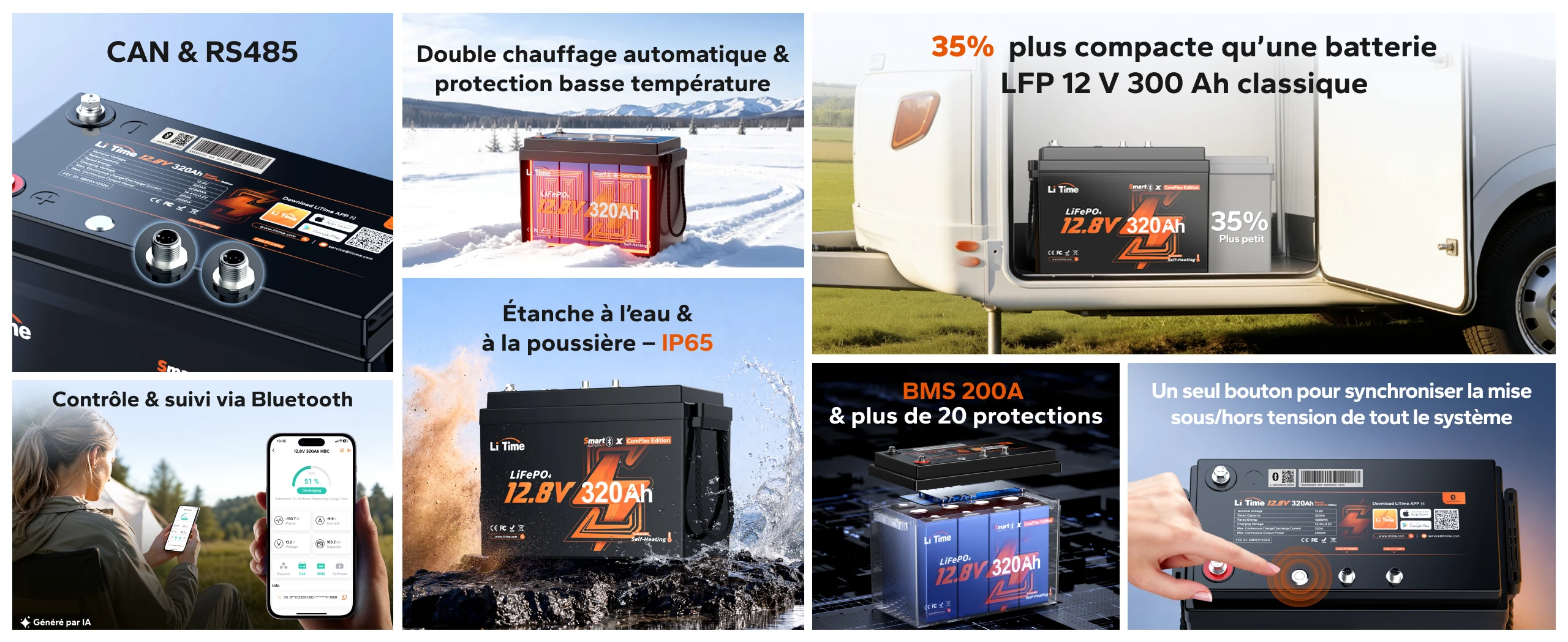 Batterie LiTime 12V 320Ah Mini ComFlex avec CAN et RS485, BMS 200A, double chauffage automatique, Bluetooth et protection IP65.