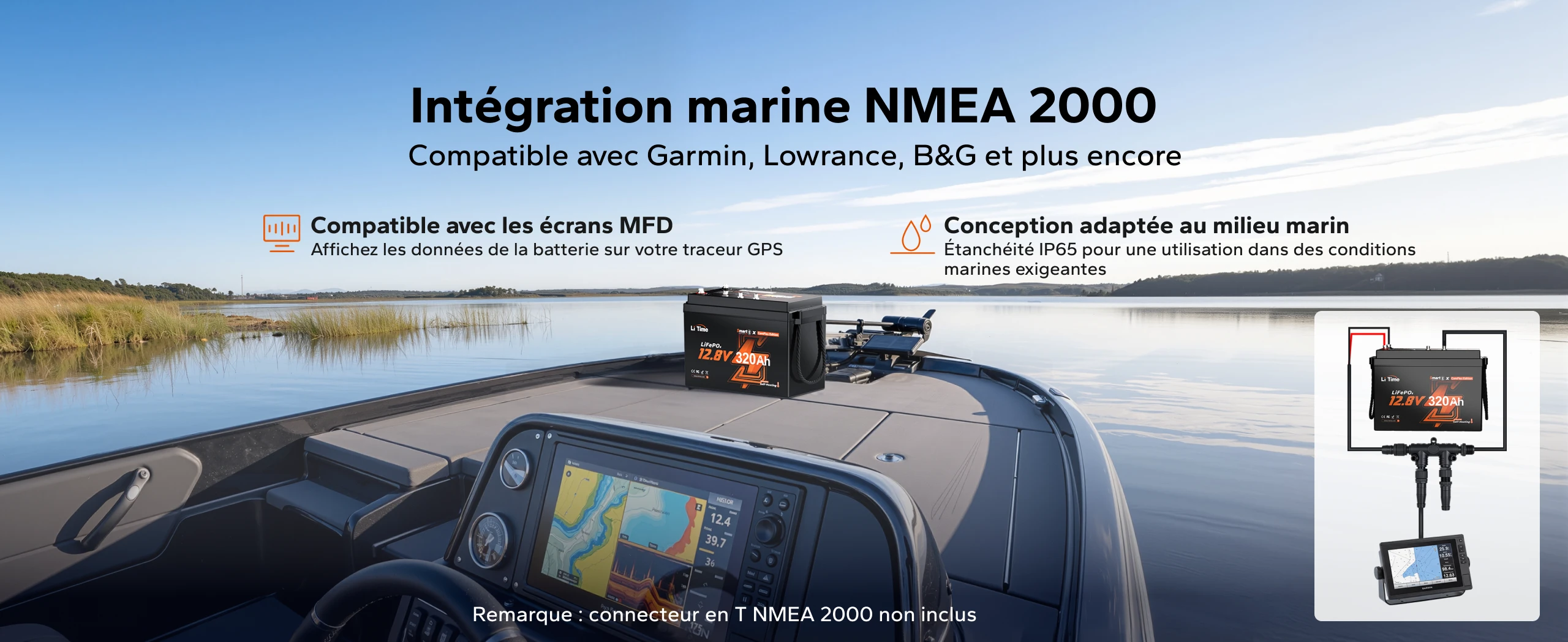 Batterie LiTime 12V 320Ah Mini ComFlex compatible NMEA 2000 pour afficher les données de la batterie sur un écran multifonction marin.