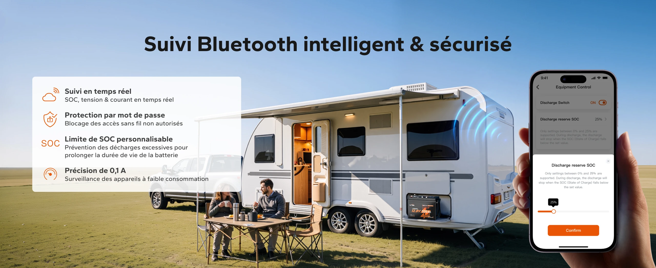 Batterie LiTime 12V 320Ah Mini ComFlex avec Bluetooth pour le suivi en temps réel, la limite de SOC personnalisable et l’accès sécurisé par mot de passe.