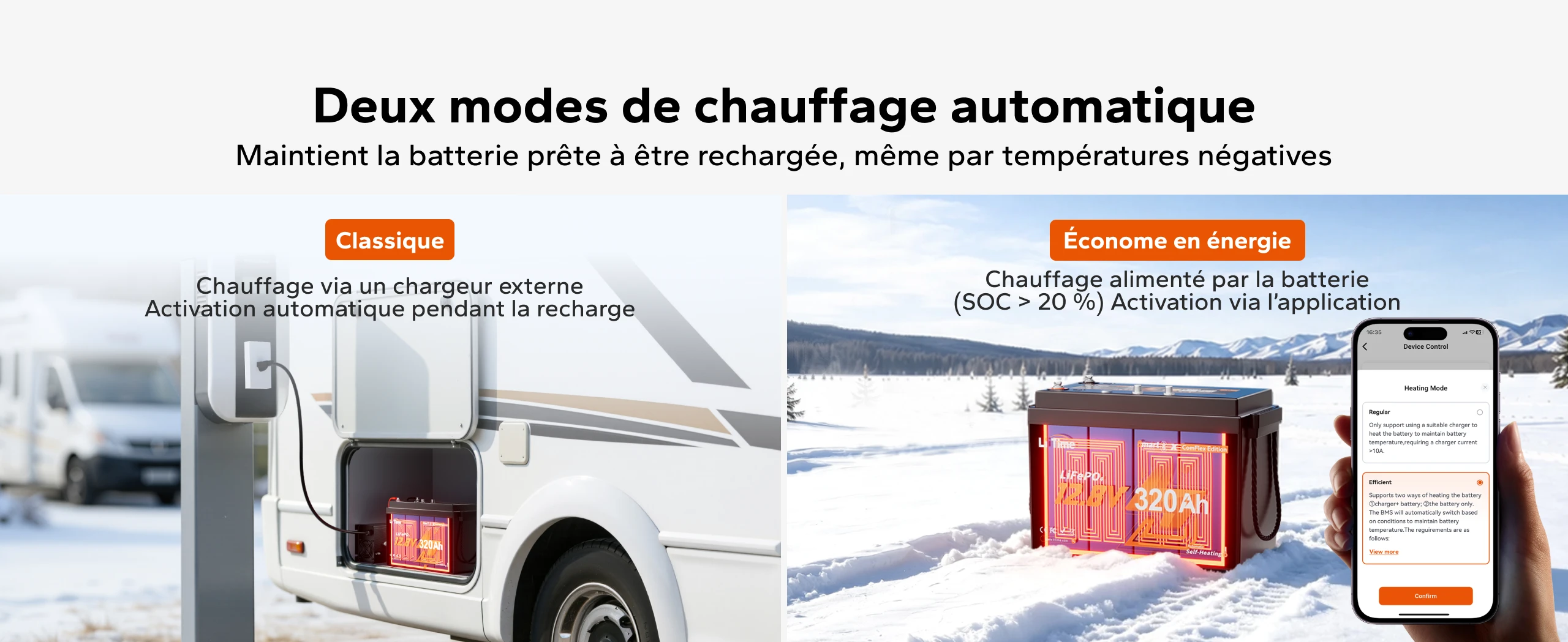 Batterie LiTime 12V 320Ah Mini ComFlex avec deux modes de chauffage automatique pour faciliter la recharge par températures négatives.