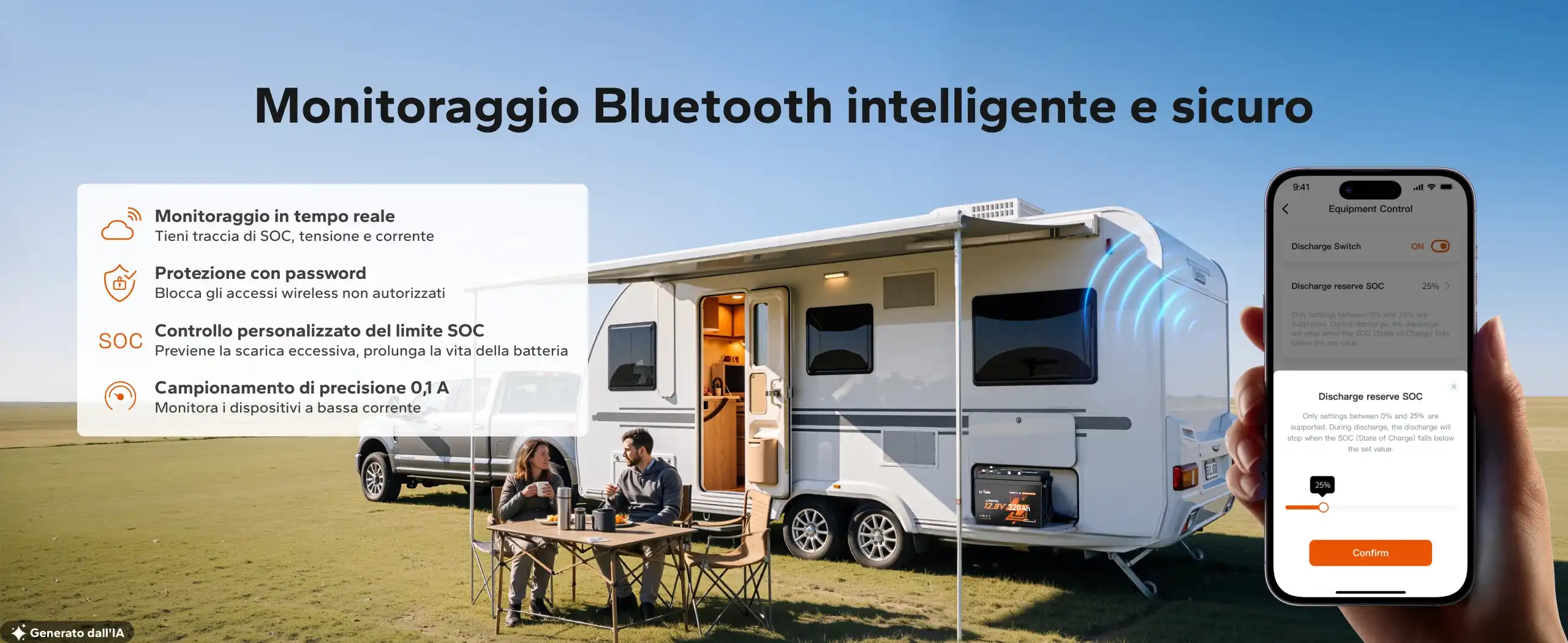 Monitoraggio Bluetooth intelligente della batteria LiTime 12V 320Ah tramite app.