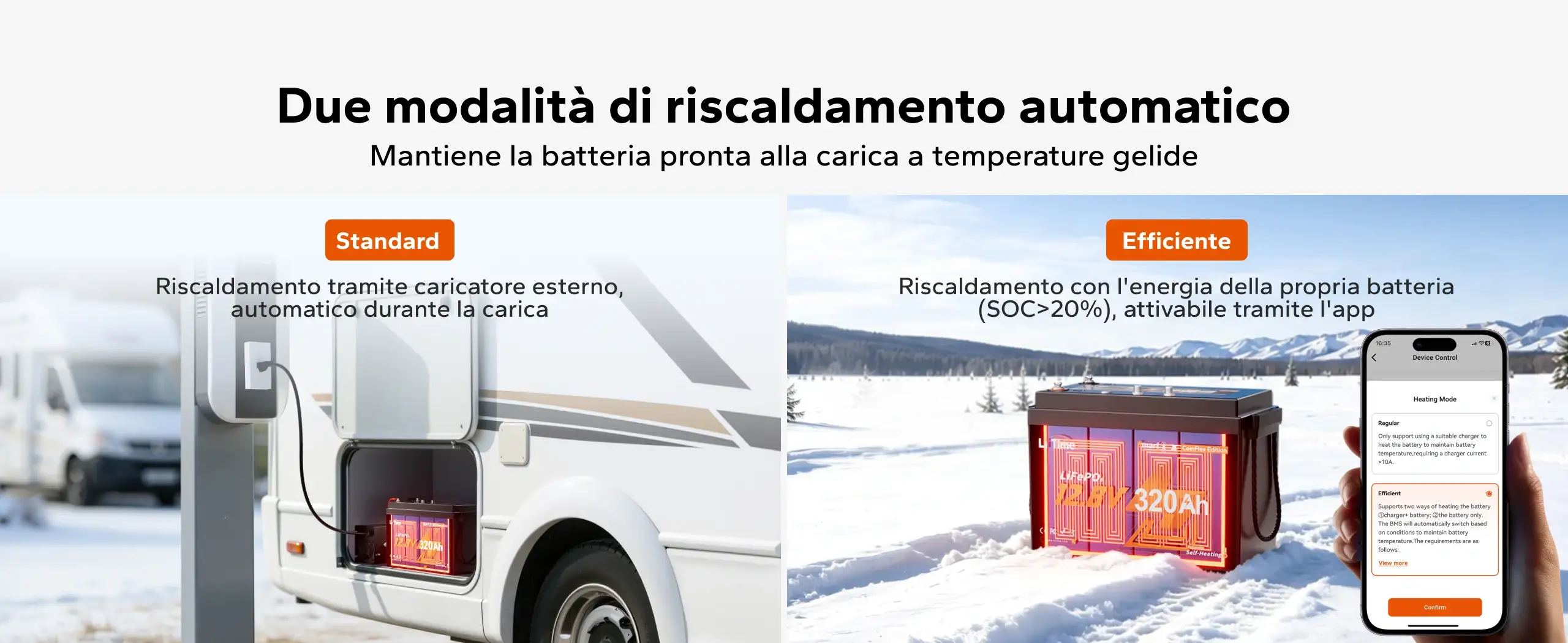 Riscaldamento automatico della batteria LiTime 12V 320Ah per la ricarica a basse temperature.