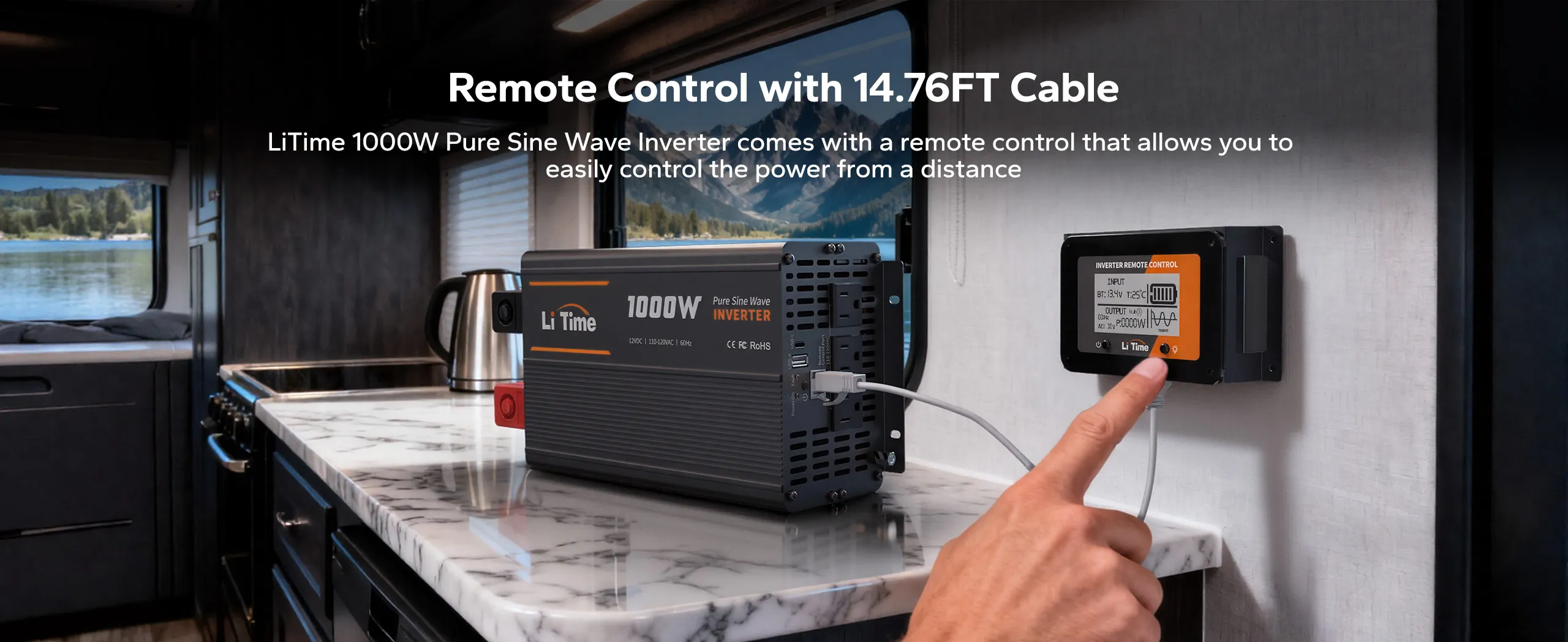 LiTime 1000W pure sine wave inverter with LCD remote control and 14.76 ft cable for convenient power management.