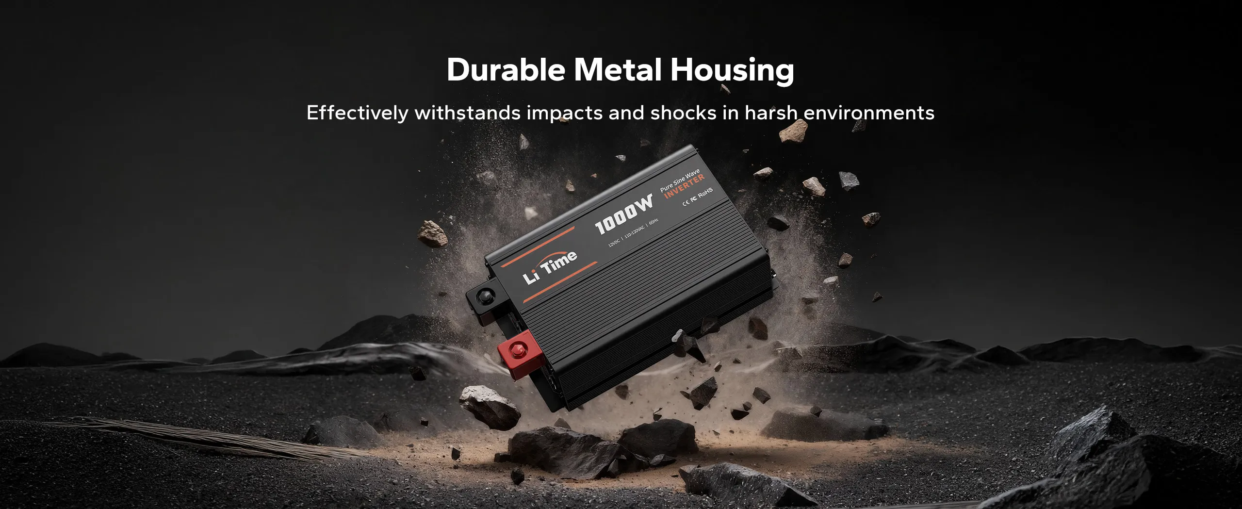 Durable metal housing protects the LiTime 1000W pure sine wave inverter from impacts and shocks in harsh environments.