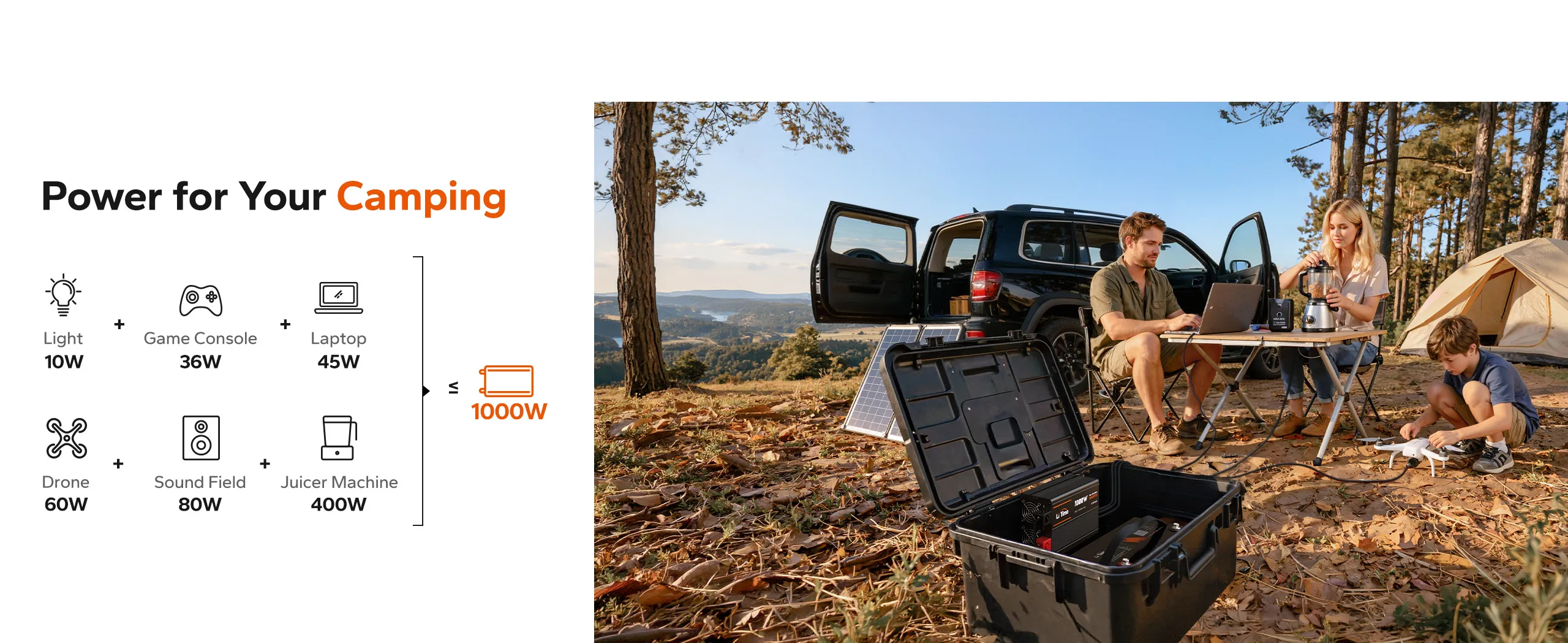 Outdoor camping setup using a litime 1000W inverter to run electronics, lighting, drones, speakers, and small appliances