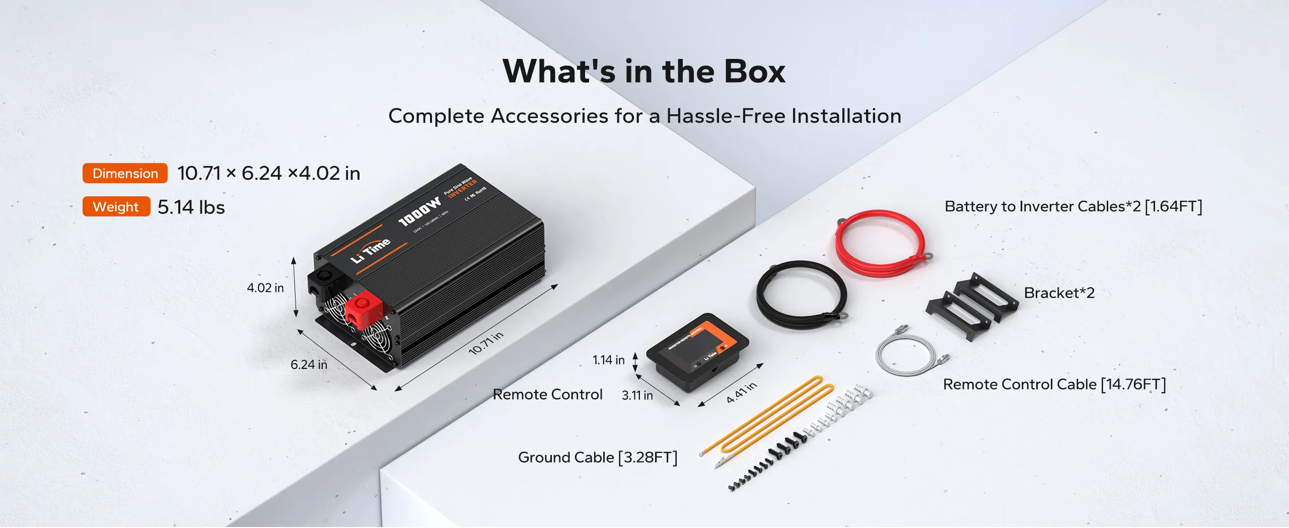 LiTime 1000W inverter package includes remote control, battery cables, ground cable, mounting brackets, remote control cable, and installation hardware.