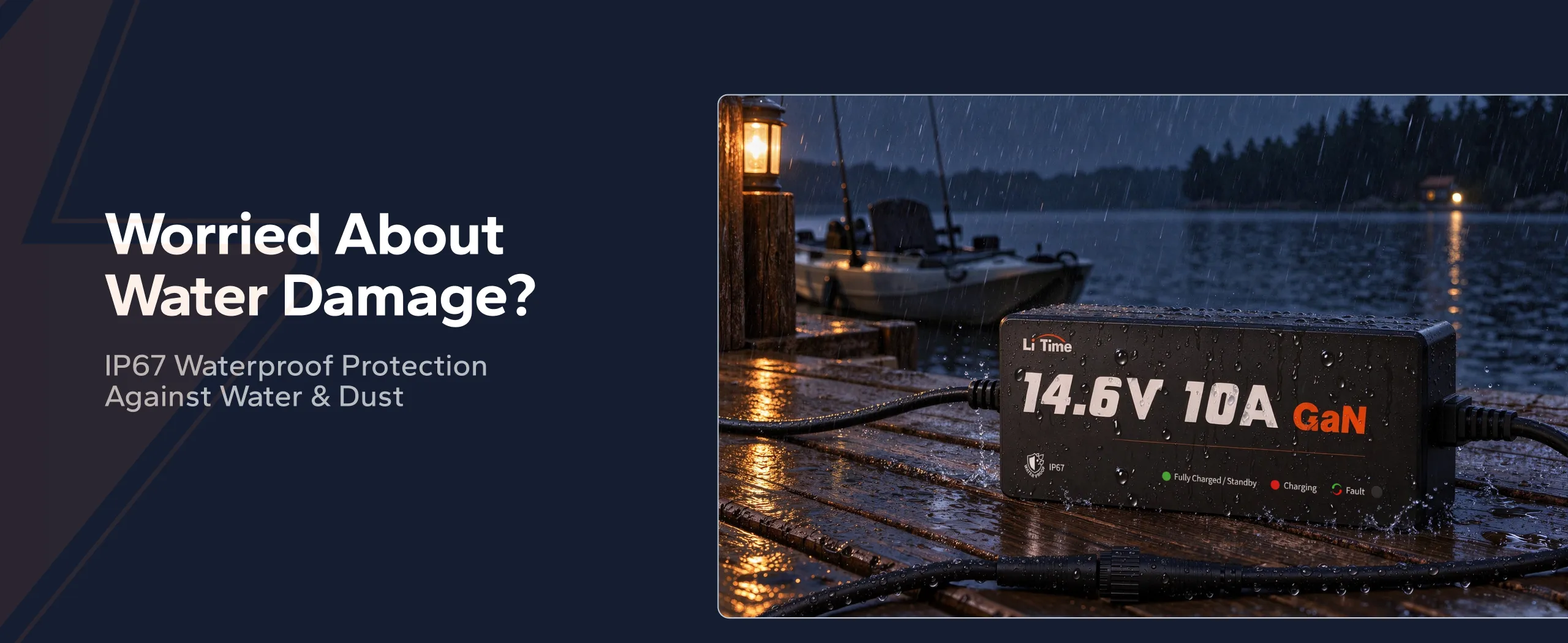 LiTime 12.8V（14.6V）10A GaN battery charger with IP67 waterproof protection displayed on a rain-soaked dock beside a fishing boat.