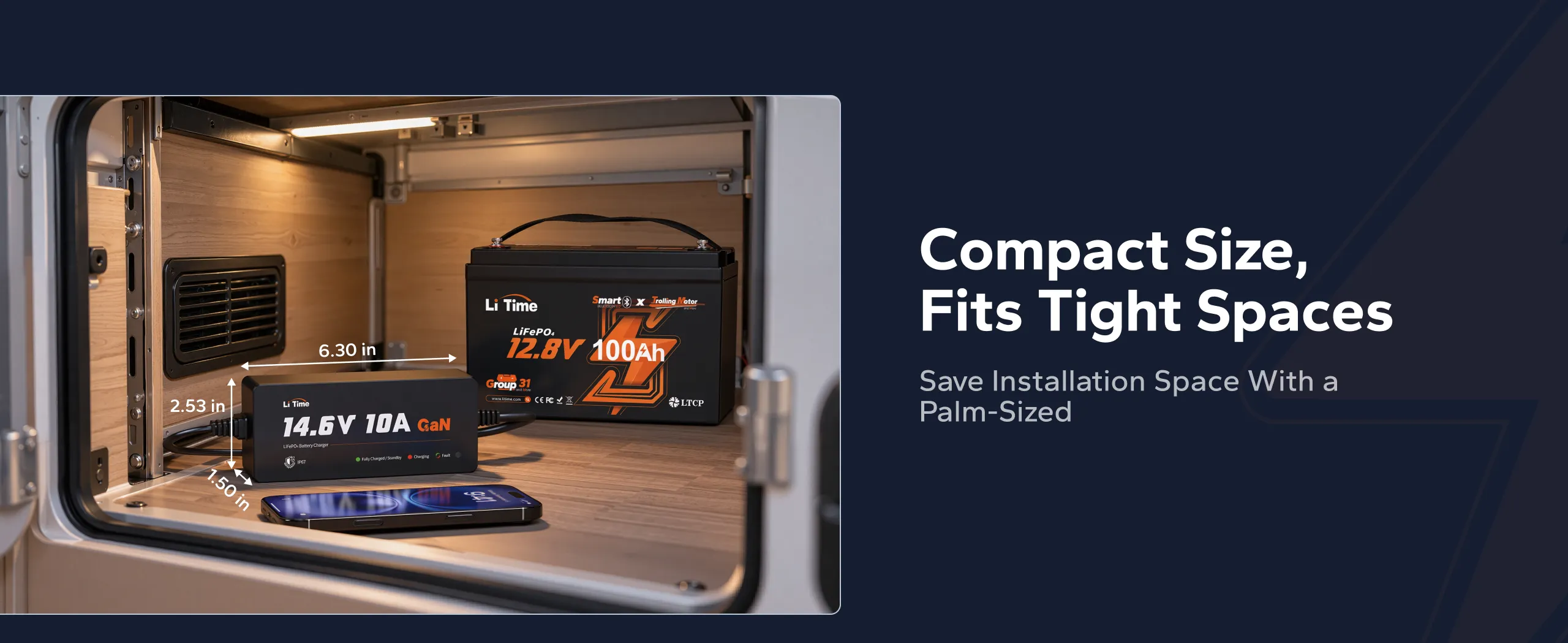 Compact LiTime 12.8V(14.6V) 10A GaN charger displayed beside a 12.8V 100Ah LiFePO4 battery and smartphone inside a storage compartment, highlighting its space-saving design.