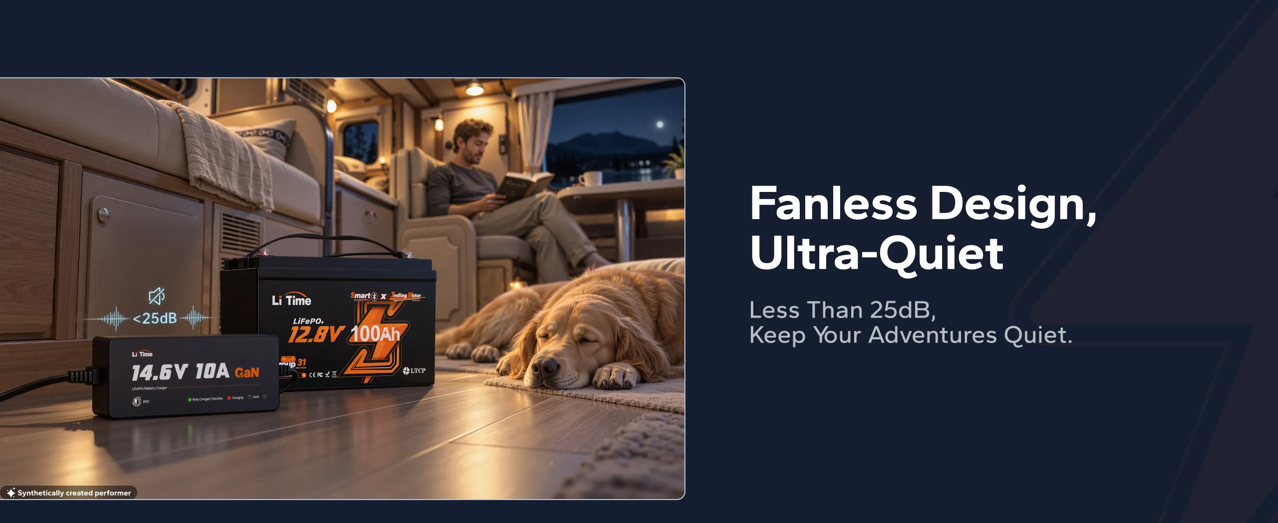LiTime 12.8V(14.6V) 10A GaN lithium battery charger featuring a fanless design with ultra-quiet operation below 25dB for peaceful living.