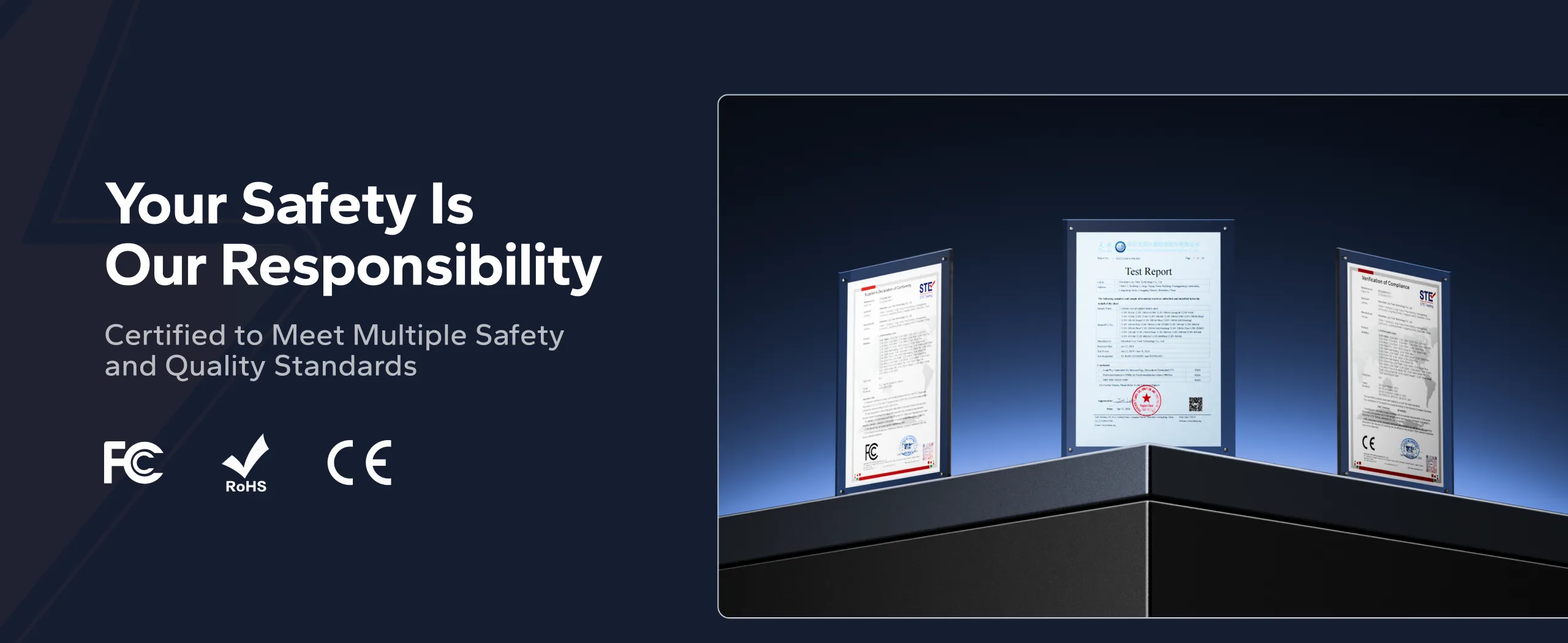 CE, FCC and RoHS certifications displayed for LiTime  12.8V（14.6V）10A GaN battery charger
