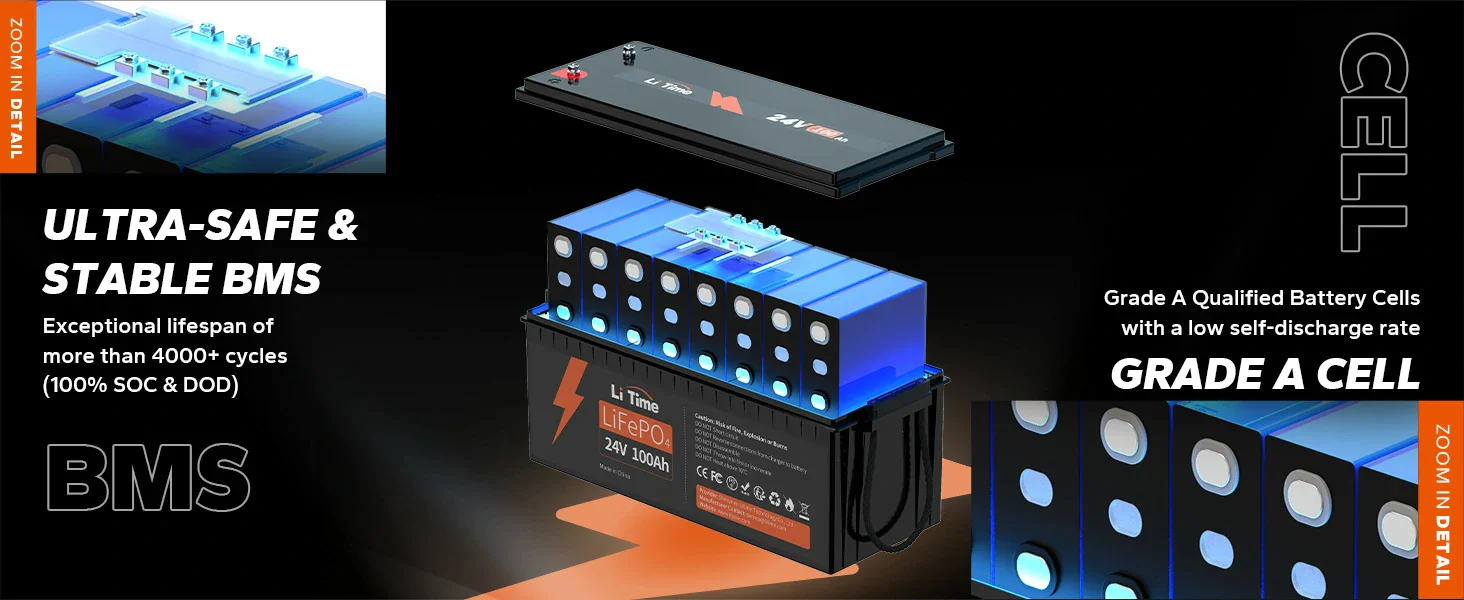 LiTime 24V 100Ah LiFePO4 Lithium Battery superior bms