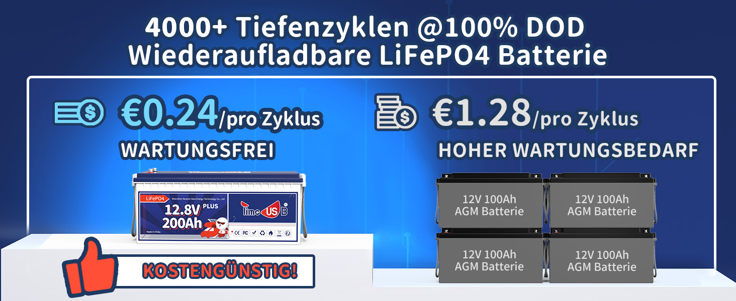 Timeusb LiFePO4 Batterie 200Ah Plus günstiger als Blei-Säure-Batterie