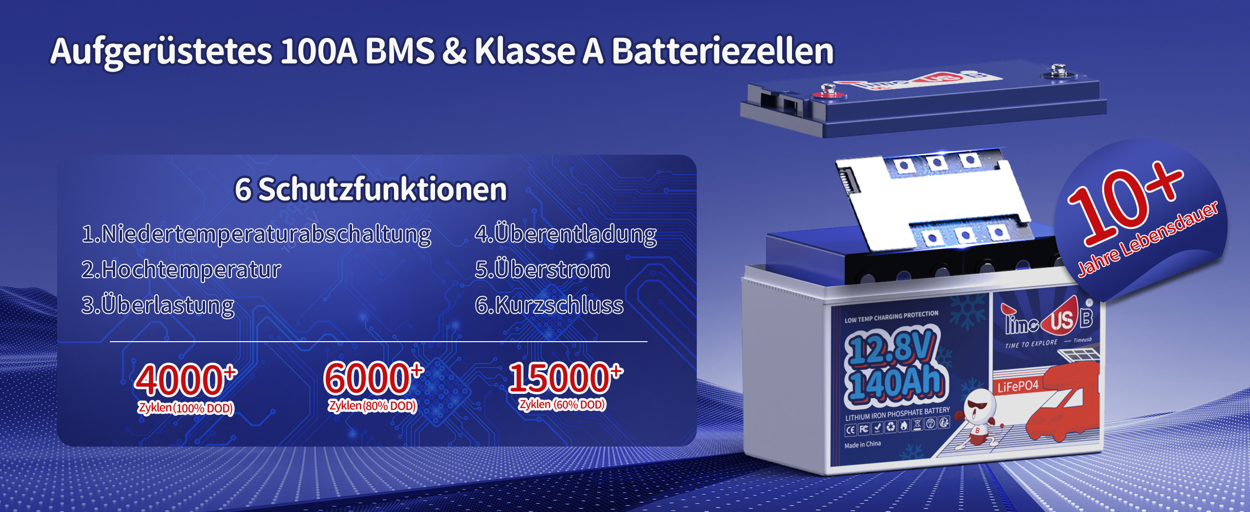 Muti-Schutz 100A BMS von Timeusb Batterie 140Ah LiFePO4 12V